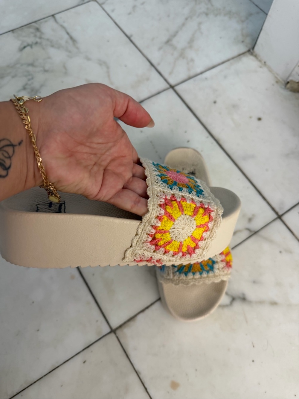 Crochet Accent Beige Slide Sandals - Women's Casual Summer Footwear
